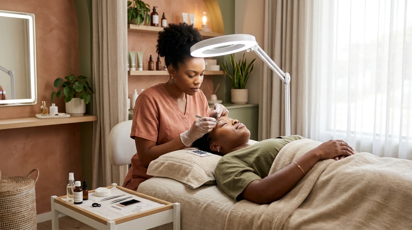 Profissional de estética realizando atendimento facial em cliente.