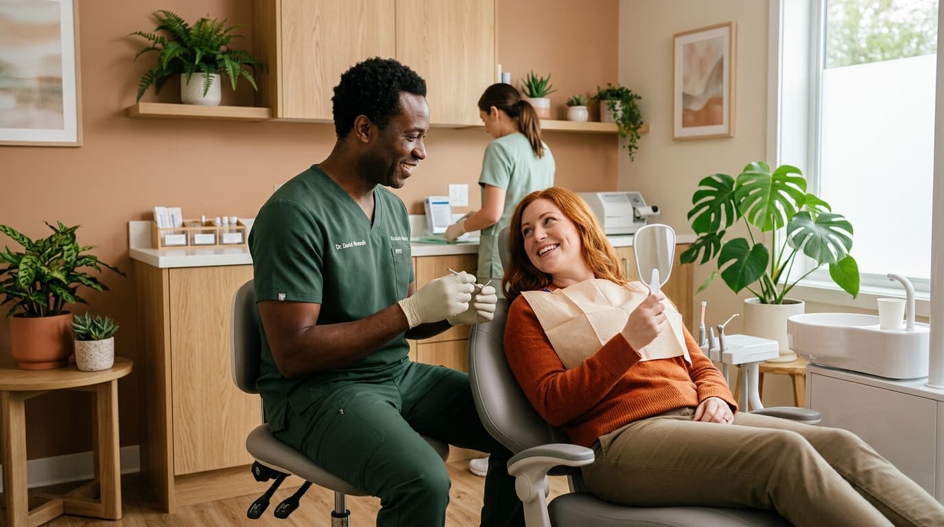 Odontologista conversando de forma acolhedora com mulher ruiva na cadeira do dentista.